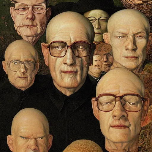 Prompt: portrait face head eyes man fungal ears Mushroom Sorcerer the Hank Hill camouflaged as a breadbasket wearing a black shirt mark ryden greg rutkowski andrew wyeth giorgio de chirico