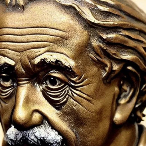 Prompt: a bronze bust of Albert Einstein visible disappointed by humanity