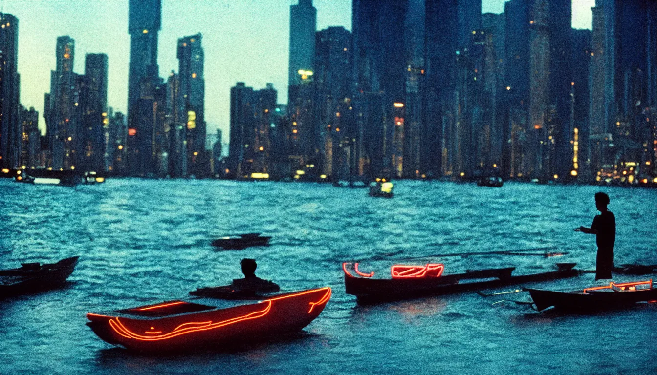 Prompt: 80s asian neon movie still with a lone man driving a boat on the river at night with city lights behind his back. Fallen angels movie still. hyperrealistic, high definition, medium format photography, highly detailed, tehnicolor, anamorphic 50mm lens