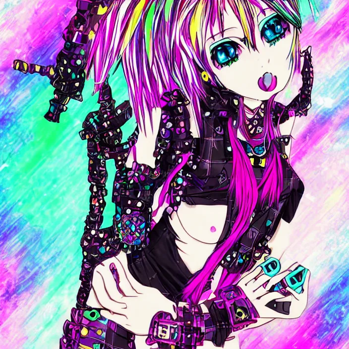 Image similar to maximalist emo anime girl, cybergoth, rainbowcore, vhs monster high, glitchcore witchcore, checkered spiked hair, pixiv