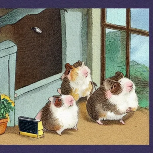 Image similar to guinea pigs working on tiny cute computers, illustration in the style of Beatrix Potter