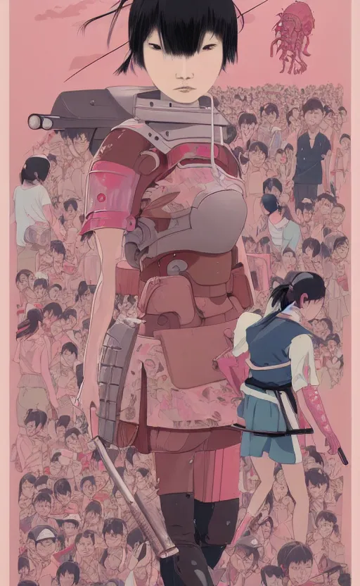 Image similar to Artwork by James Jean, Phil noto and hiyao Miyazaki ; (1) a young Japanese future samurai police lady named Yoshimi battles an (1) enormous evil natured carnivorous pink robot on the streets of Tokyo; Japanese shops and neon signage; crowds of people running; Art work by Phil noto and James Jean and studio ghibli