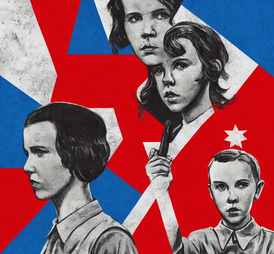 Prompt: millie bobby brown, urss flag, propaganda, poster, revolution, communist, high detail, year 1 9 4 4, russian letters, lenin, trending on artstation, illustration, film still, hammer and sickle