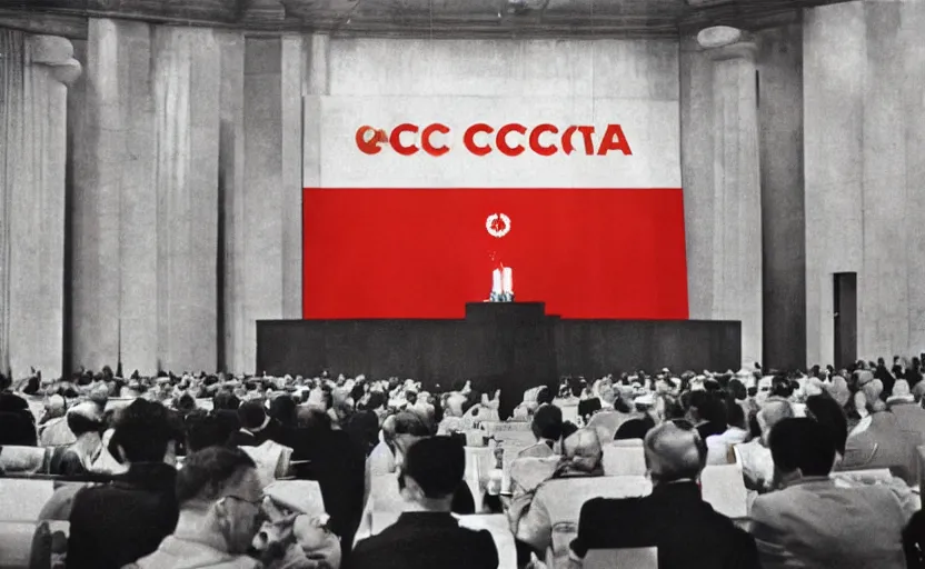 Image similar to 60s movie still of a CCCP congress with soviet flags and a bronze statue of Karl Marx stanilist style palace interior, by Irving Penn , cinestill 800t 35mm eastmancolor, heavy grainy picture, very detailed, high quality, 4k, HD criterion, precise texture