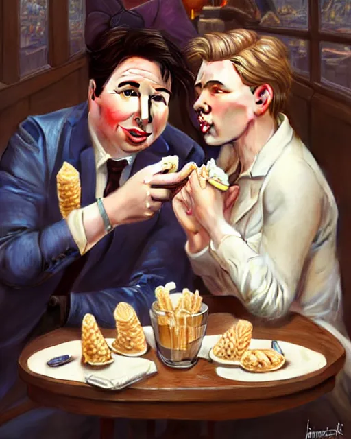 Prompt: Portrait of Michael Mcintyre & Scarlett Johanssen eating ice creams in Porto,real life skin, intricate, elegant, highly detailed, artstation, concept art, smooth, sharp focus, art by artgerm and greg rutkowski and alphonse mucha