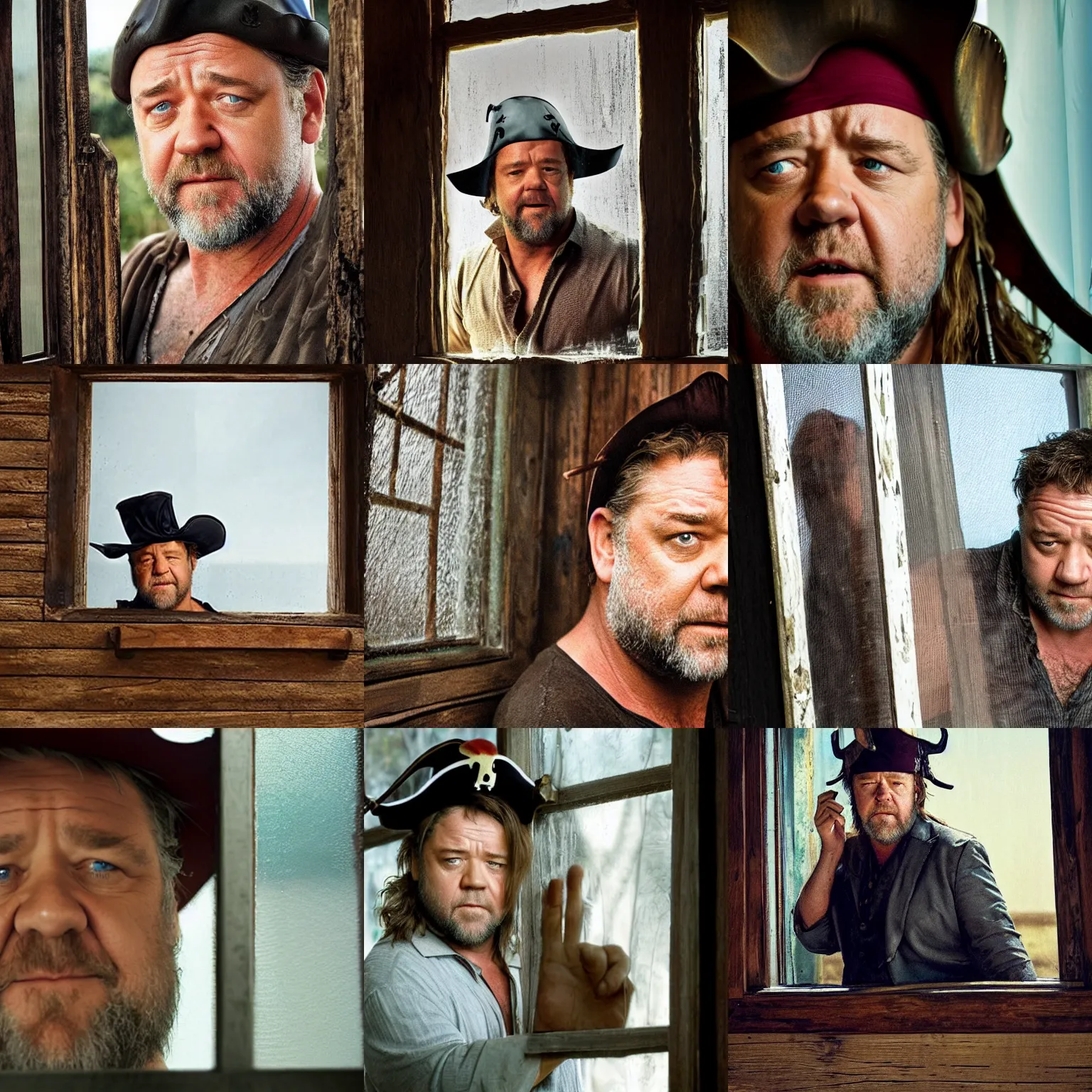 Prompt: russell crowe wearing a too wide silly pirate hat behind a dirty window and wooden wall staring out
