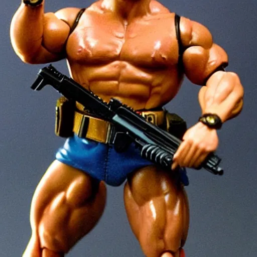 Image similar to a 12 inch action figure of Arnold Schwarzenegger from Commando. Posed. Big muscles. Holding an automatic rifle in his hands. Plastic shiny. Full body feet and head