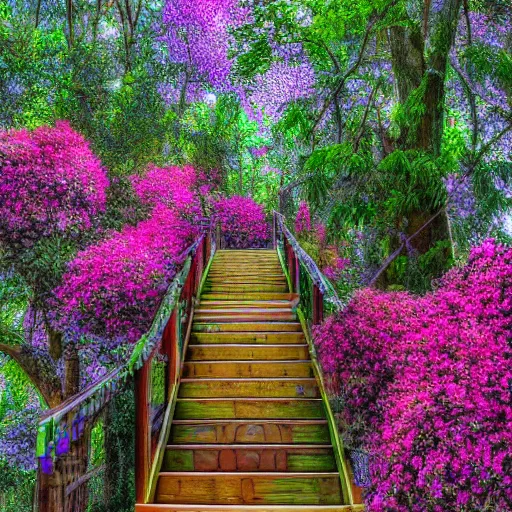 Image similar to a staircase to a treehouse covered in flowers, hd, high detail, vivid color