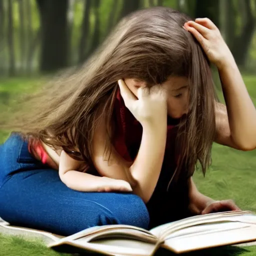 Prompt: VFX movie of a girl reading book, hair flowing down, by Michael Bay