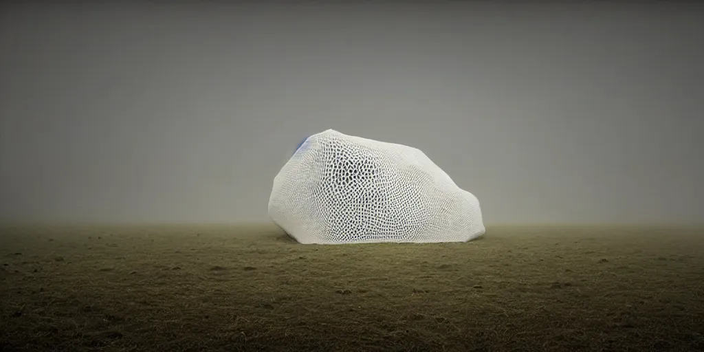 Image similar to white honeycomb organic building with warm illumination inside by ernesto neto sits on the field evening atmosphere in low fog, 4 k, insanely quality, highly detailed, film still from the movie directed by denis villeneuve with art direction by zdzisław beksinski, telephoto lens, shallow depth of field