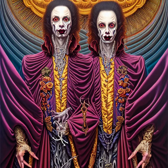 Image similar to beautiful oil painting, full length portrait of vampire dauphinois in baroque coronation robes 1701, Dan Mumford, Dan Mumford, Alex grey, hyacinthe rigaurd, highly detailed , lsd visuals, dmt fractal patterns, visionary art, psychedelic art, ornate, vaporwave, baroque, Greg rutkowski