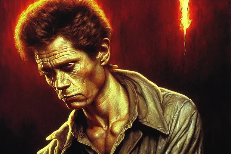 Image similar to young willem defoe in “ constantine ” ( 1 9 8 4 ) artwork, 4 k digital art, neon, 8 0's style tomasz alen kopera, peter mohrbacher, donato giancola, ilya repin, drew struzan hyperrealistic oil painting, gothic ghost horror biomechanical hell demons, frank frazetta