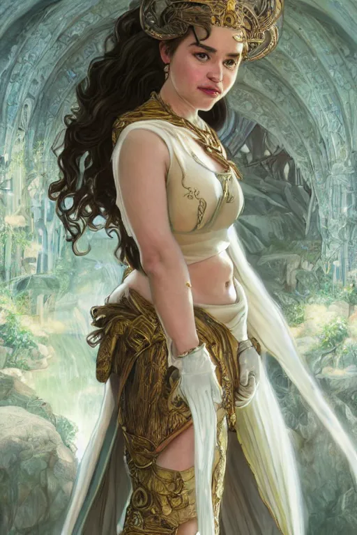 Prompt: Emilia Clarke wearing Palutena Outfit, cute, fantasy, intricate, elegant, highly detailed, digital painting, 4k, HDR, concept art, smooth, sharp focus, illustration, art by artgerm and H R Giger and alphonse mucha