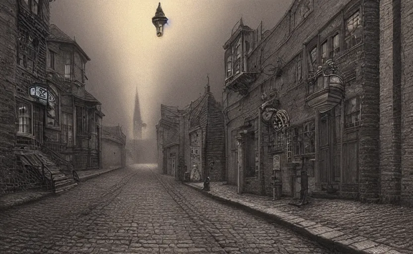 Prompt: steampunk victorian street with cinematic lighting by zdzisław beksiński