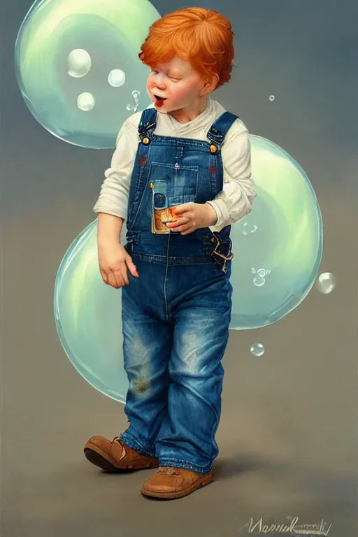 Prompt: a little boy with very short ginger hair wearing denim overalls chasing bubbles. clean elegant painting, beautiful detailed face, lots of bubbles. by norman rockwell and artgerm and greg rutkowski