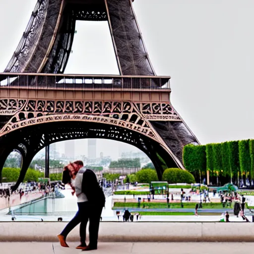 Prompt: two people kissing Infront of tour Eiffel, in style of Michael Angelo.