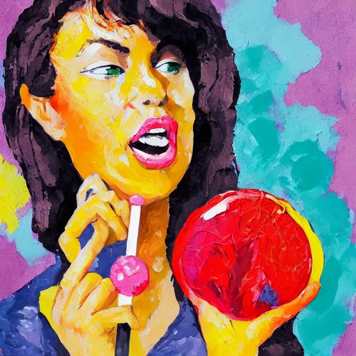 Image similar to portrait of beautiful woman licking a lollipop painted with colorful gouache impasto