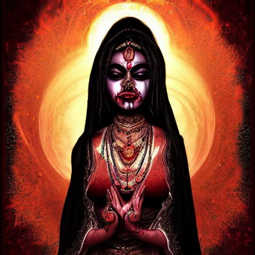 Prompt: beautiful Hindu lady of the dark with veil, in darkness, cover with blood, horror terrifying, soft light, surreal realistic, photorealistic, hyper details, full HD, 8k!