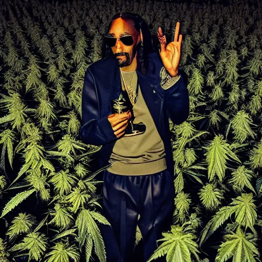 Image similar to Snoop Dogg in a marijuana field, cinematic lighting, award winning photography