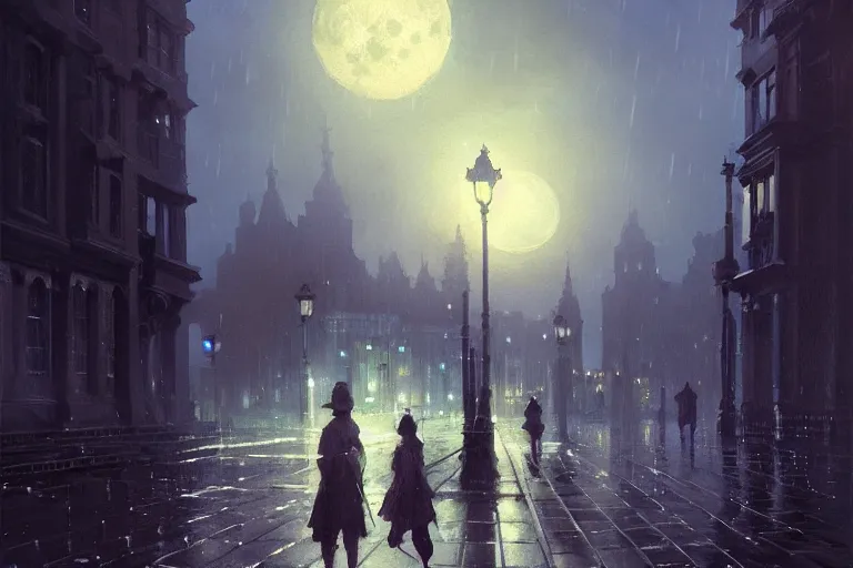 Image similar to a shadow in the sky above a victorian city, scene in a rainy night. full moon, 1 8 9 0, key visual, conceptart, ambient lighting, highly detailed, digital painting, artstation, concept art, sharp focus, by makoto shinkai and akihiko yoshida and greg manchess