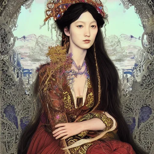 Image similar to An extremely beautiful pre-raphaelite ornate portrait of a very beautiful asian witch, surreal, ultradetailed, intricate, elegant, digital art painting, concept art, smooth, sharp focus, magazine art cover illustration, regal, award winning picture, extremely detailed masterpiece, sense of awe, featured on Artstation, Artgerm, winning award piece, ethereal bubbles, Aetherpunk, low-key neon lightning, stormy weather, Exquisite floral details, 8K detail post-processing, matte, oil painting