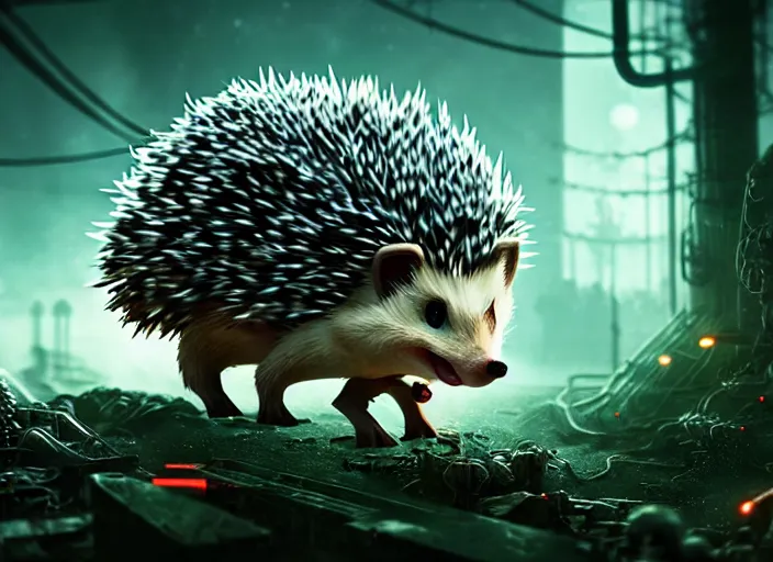 Image similar to portrait of a cyborg hedgehog, on the background of a weird magical mechanical forest. Very detailed 8k. Fantasy cyberpunk horror. Sharp. Cinematic post-processing. Unreal engine. Nanite. Ray tracing. Parallax. Tessellation