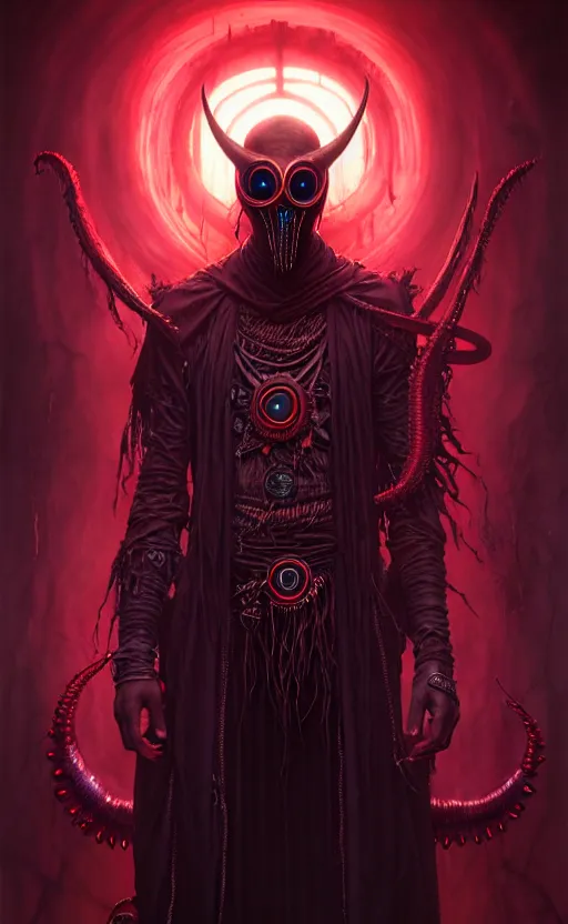 Image similar to a striking portrait of a pitch black masked eldritch shaman with sinister red eyes by moebius and ross tran and artgerm, detailed artwork, realism, 4 k resolution, detailed, high quality, sharp focus, hq artwork, insane detail, volumetric lighting, character concept art, fine details, tarot card, clear subject