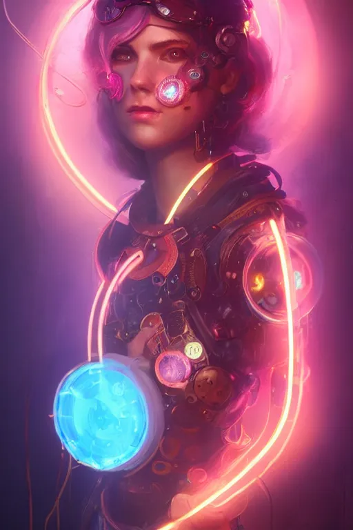 Image similar to portrait of a psychedelic steampunk girl with biotechnical parts and neon light by Artgerm and Greg Rutkowski , digital painting, highly detailed, trending on artstation