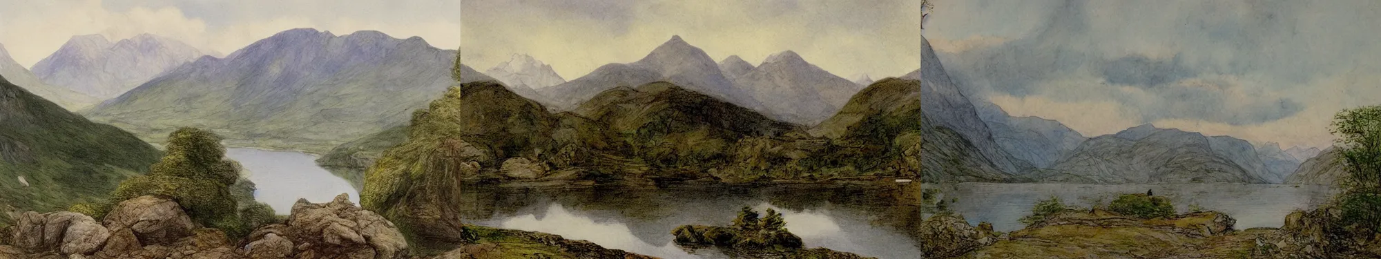 Prompt: lakeside mountains, by beatrix potter