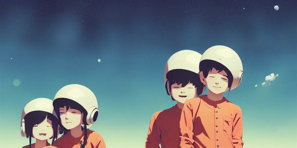 Image similar to 3 d portrait of smiling boy and girl teens with astronaut helmets by ilya kuvshinov, cloudy sky background lush landscape ln illustration concept art anime key visual trending pixiv by victo ngai fanbox by greg rutkowski makoto shinkai takashi takeuchi studio ghibli