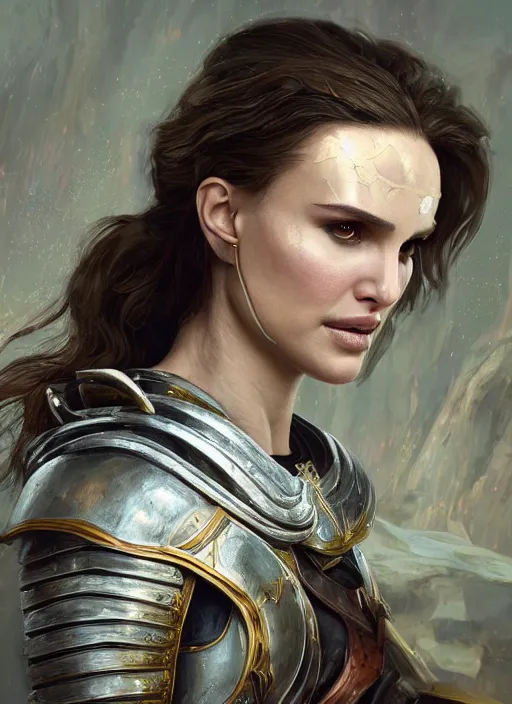 Image similar to portrait of natalie portman as a legendary knight warrior, au naturel, hyper detailed, digital art, trending in artstation, cinematic lighting, studio quality, smooth render, unreal engine 5 rendered, octane rendered, art style by klimt and nixeu and ian sprigger and wlop and krenz cushart.