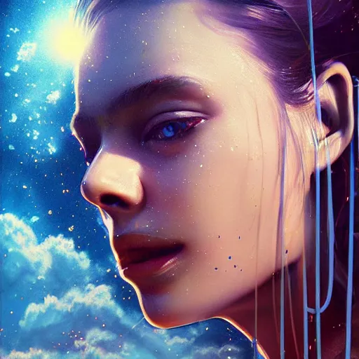 Image similar to 3 d, sci - fi, close - up, morning, smiling fashion model face, sun, cinematic, clouds, sun rays, vogue cover style, poster art, blue mood, realistic painting, intricate oil painting, high detail illustration, figurative art, multiple exposure, poster art, by tooth wu and wlop and beeple and greg rutkowski