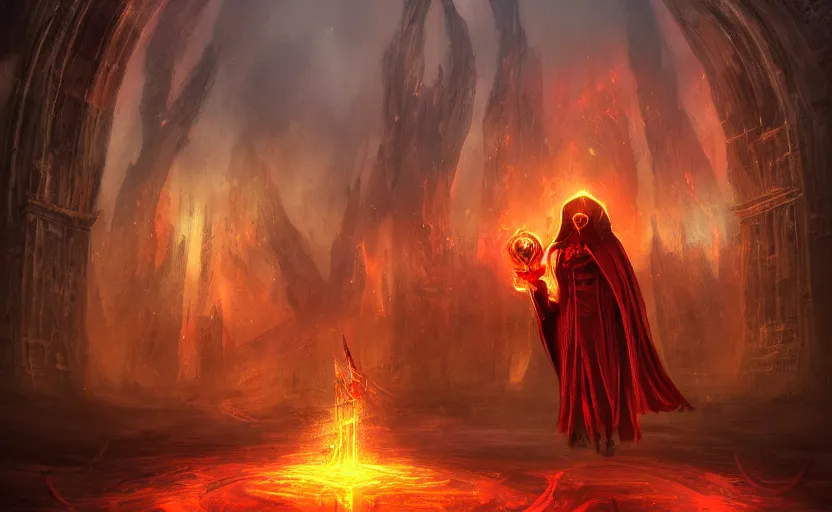 Image similar to red hooded mage, holding a golden bell, standing in front of an arcane gate to another realm, mindblowing, concept art, matte, illustration, ominous, magical, dnd, 4 k uhd, very detailed