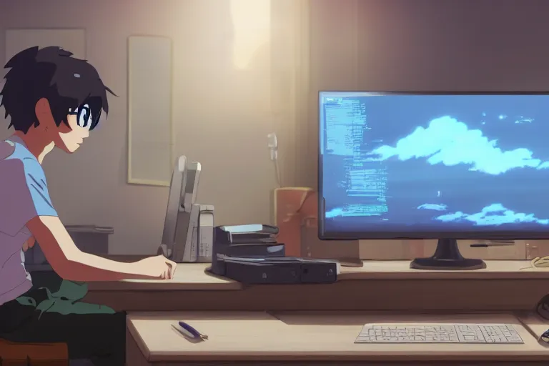 Prompt: a nerdy boy is programming at a computer in a room full of gadgets, by makoto shinkai and ghibli studio, dramatic lighting, highly detailed, incredible quality, trending on artstation