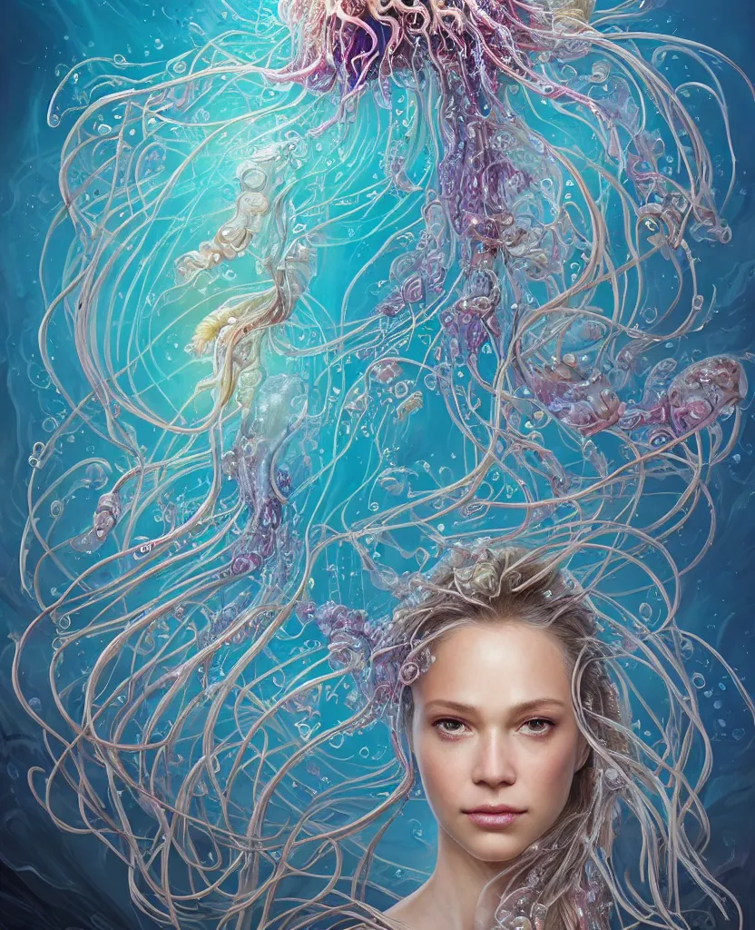 Image similar to close-up portrait of the face of a beautiful princess, surrounded by intricate twisted flowers orchid jellyfish and energy flow, water and plasma flow splashes, epic angle and pose, symmetrical artwork, 3d with depth of field, blurred background, floating jellyfish skull phoenix bird, translucent, nautilus, energy flows of water and fire. a highly detailed epic cinematic concept art CG render. made in Maya, Blender and Photoshop, octane render, excellent composition, cinematic dystopian brutalist atmosphere, dynamic dramatic cinematic lighting, aesthetic, very inspirational, arthouse. y Greg Rutkowski, Ilya Kuvshinov, WLOP, Stanley Artgerm Lau, Ruan Jia and Fenghua Zhong