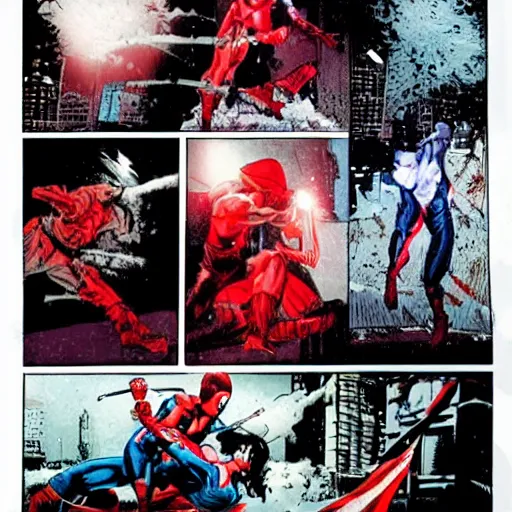 Prompt: elektra fighting captain america in a white snow blizzard, dynamic, style of bill sienkiewicz, frank miller, vibrant, comic page panels, illustration, epic battle, NYC at night in background