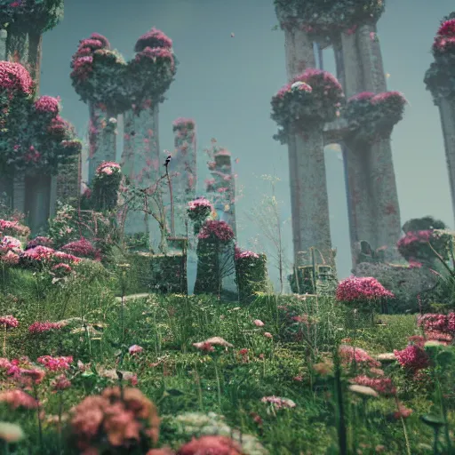 Image similar to A ruined city overgrown by flowers, octane render, 8K, depth of field, By WLOP