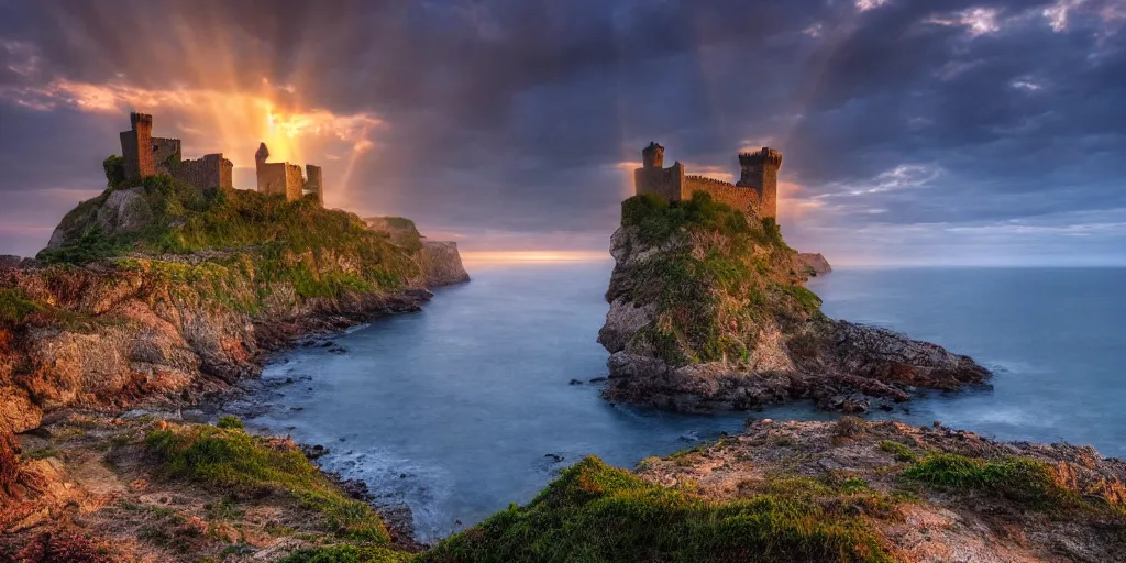 Prompt: A castle by the cliff next to the sea, dawn setting, HDR, god rays,4k hd wallpaper, photo realistic, high detail