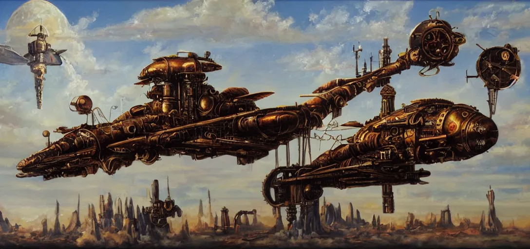 Prompt: oil painting of a steampunk spaceship