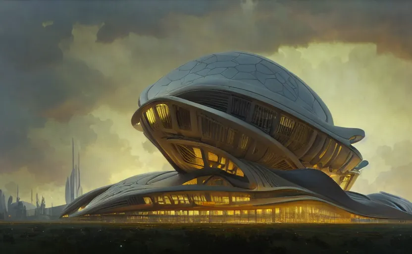 Image similar to exterior shot of utopian architecture building with cinematic lighting by zaha hadid and renzo piano, darek zabrocki and greg ruthkowski, alphonse mucha, simon stalenhag, cinematic, holy place, paradise, scifi, futurism, atmospheric, sunset, concept art, artstation, trending on artstation