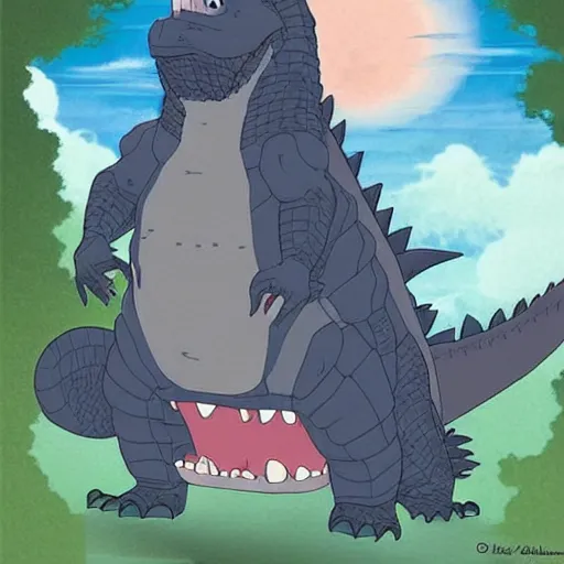 Image similar to godzilla, studio ghibli, cute, chibi