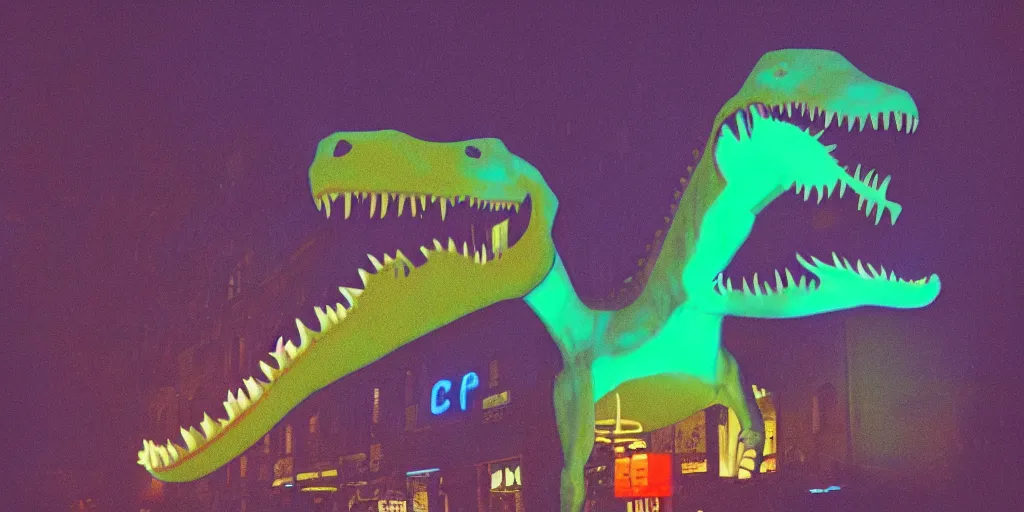 Prompt: screaming dinosaur made of neon light, 1 9 7 0 s street, neon lights, ektachrome photograph, volumetric lighting, f 8 aperture, cinematic eastman 5 3 8 4 film