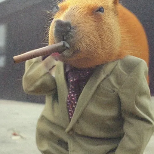 Image similar to an accurate capybara wearing a business suit and smoking a cigar in his mouth