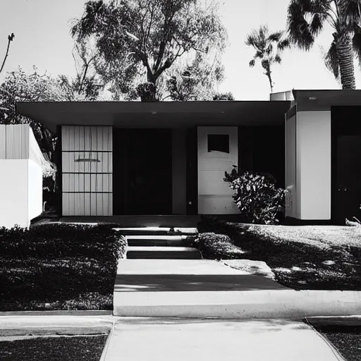 Image similar to “ a perfectly centered beautiful black and white 9 0 mm photo of mid - century retro - futuristic house in los angeles ”