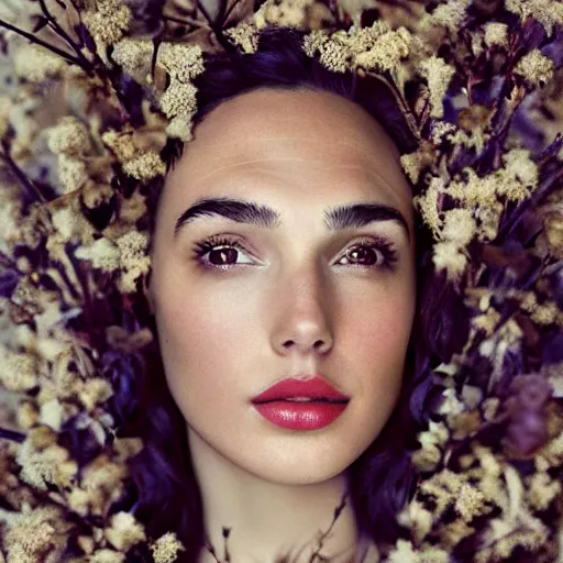 Image similar to fine art photo of the beauty goddess gal gadot, she has a crown of dried flowers, by oleg oprisco