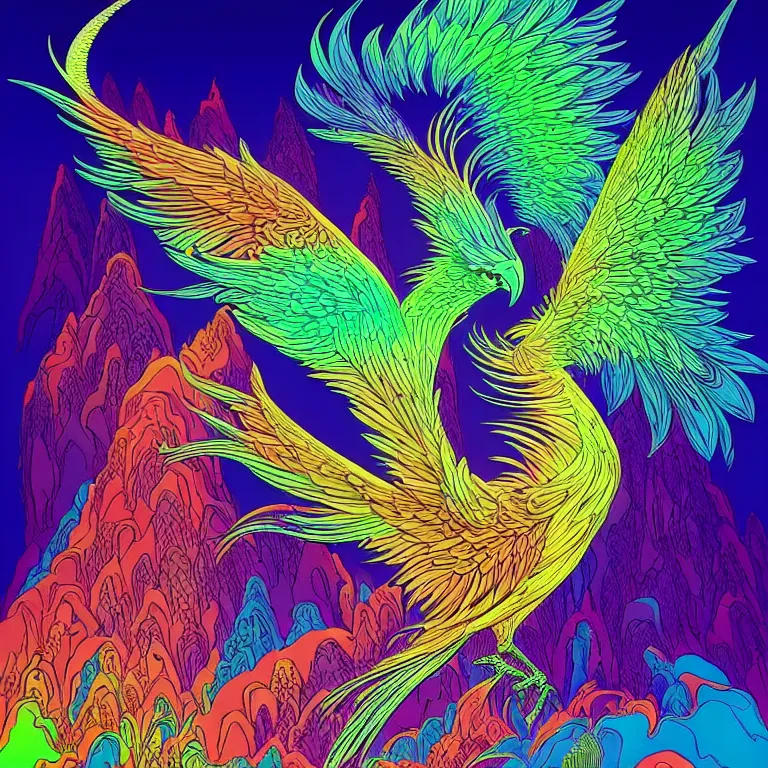 Prompt: mythical bird over infinite fractal volcanoes bright neon colors highly detailed cinematic eyvind earle tim white philippe druillet roger dean lisa frank aubrey beardsley hiroo isono