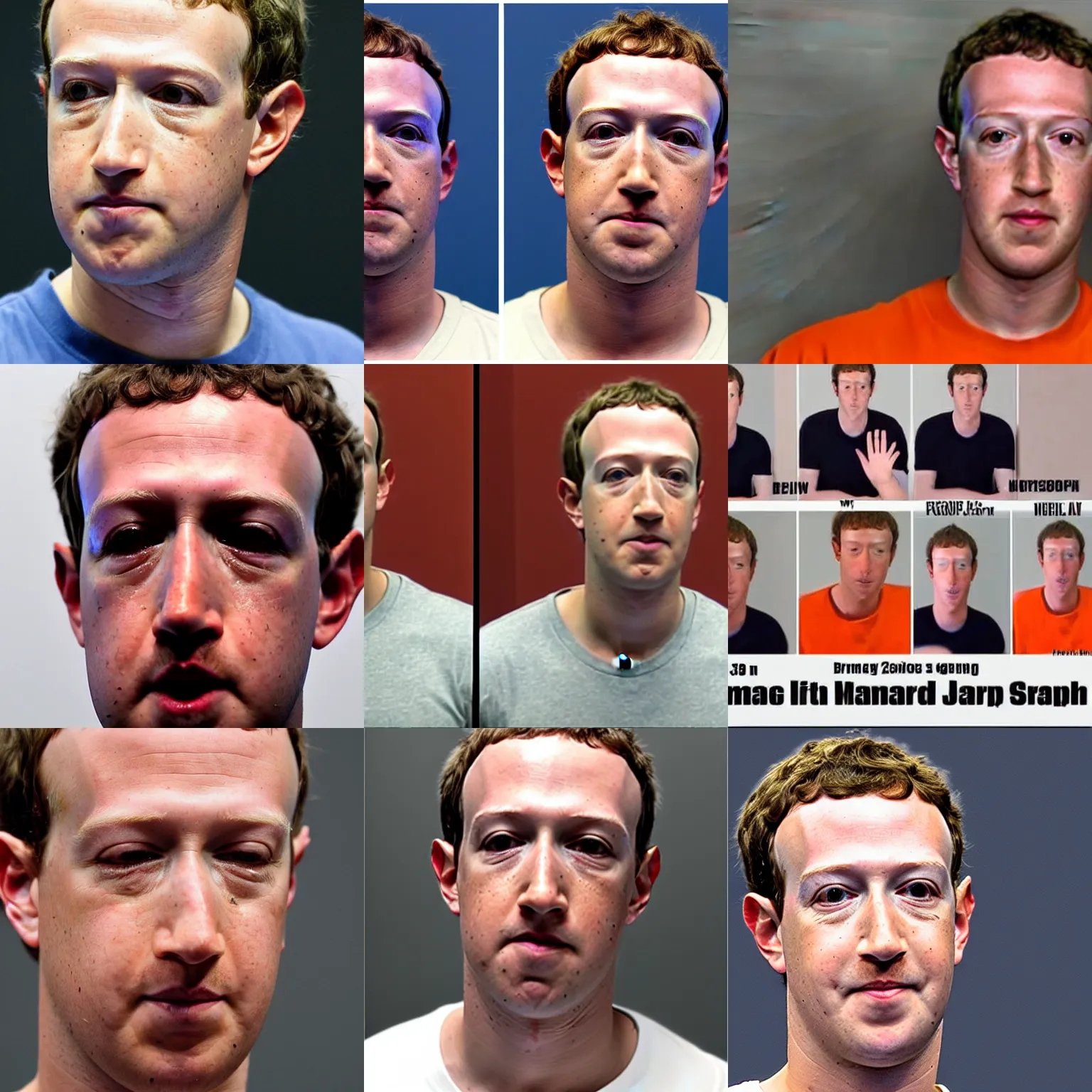 Prompt: Mark Zuckerberg crying in mugshot, wearing orange jumpsuit