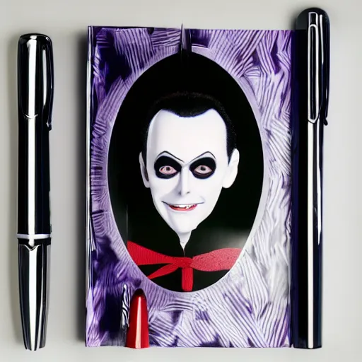 Prompt: a high quality product photo ad of klaus nomi with a technical reed rollerball pen exacto knife made in switzerland by junji ito, ethereal eel unsplash contest winner