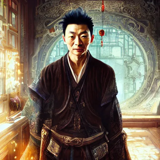 Image similar to portrait painting of a 3 5 - year - old chinese man, taoist priest, like andy lau, immortal bone, affable by wenjun lin, irakli nadar, bright colors, octopath traveler, wenjun lin, unreal engine 5 highly rendered, global illumination, radiant light, detailed and intricate environment