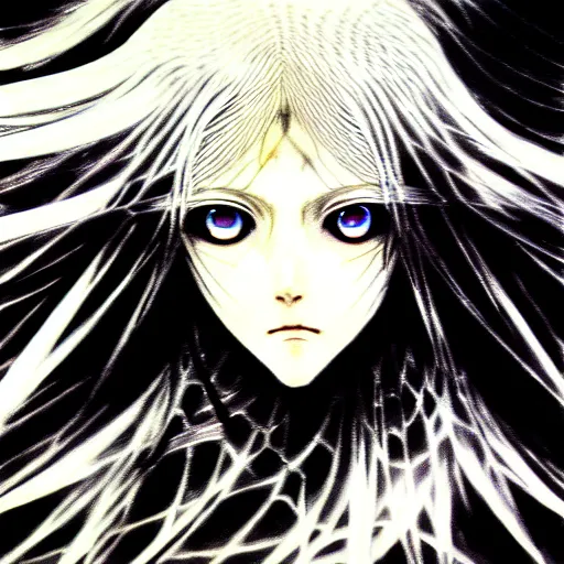 Image similar to Yoshitaka Amano realistic illustration of an anime girl with wavy white hair and cracks on her face wearing Elden ring armour with the cape fluttering in the wind, abstract black and white patterns on the background, noisy film grain effect, highly detailed, Renaissance oil painting, weird portrait angle